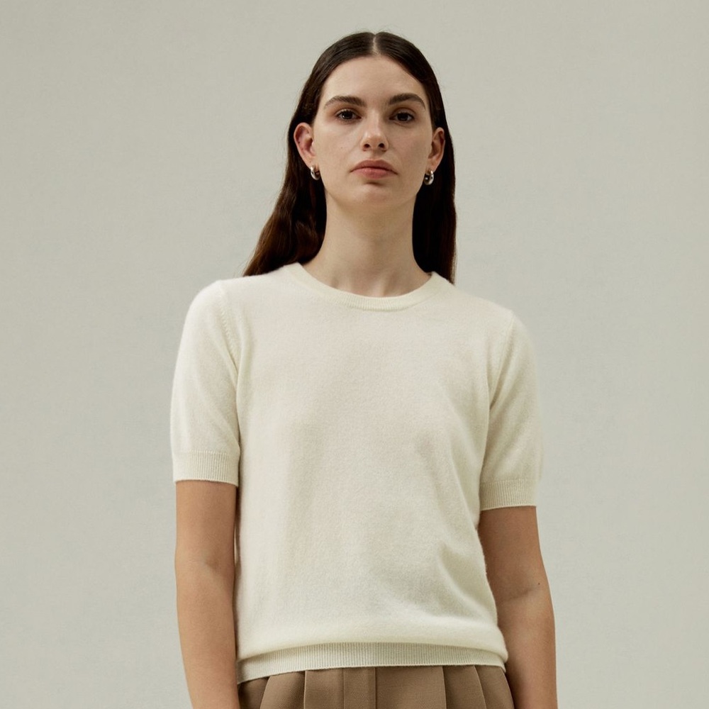 Lilysilk Crew Neck Basic Knit Top White Short Sleeve